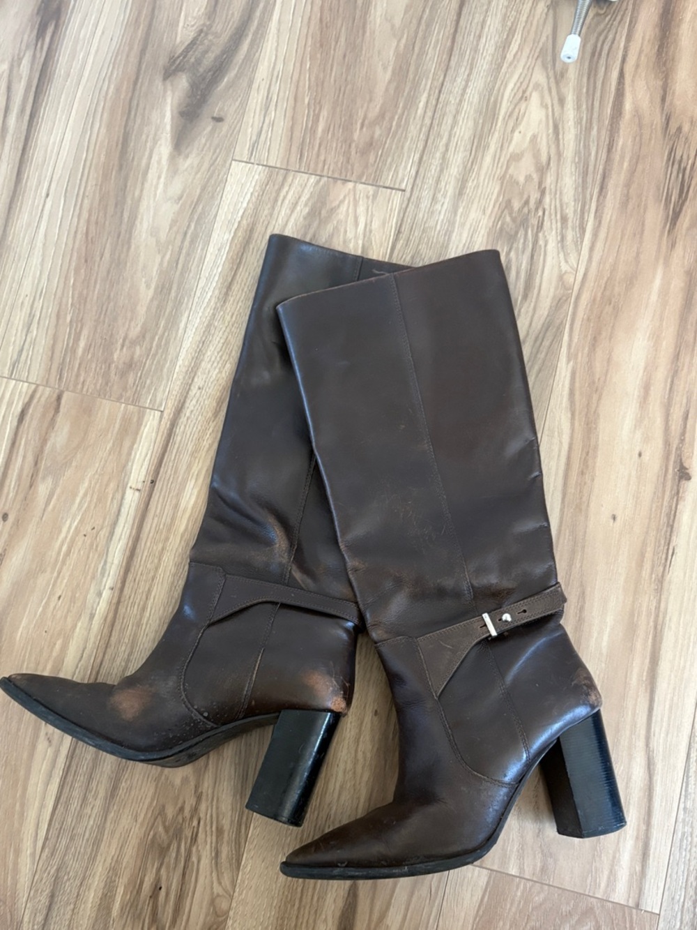 Dark Brown Leather Mid-Calf Block Heel Boots